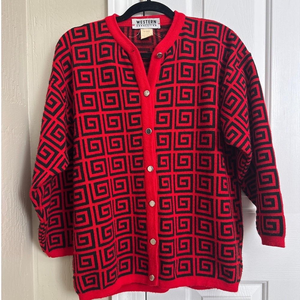 Vintage Western Connection Geometric Cardigan Red Black Made in Italy Size M‎